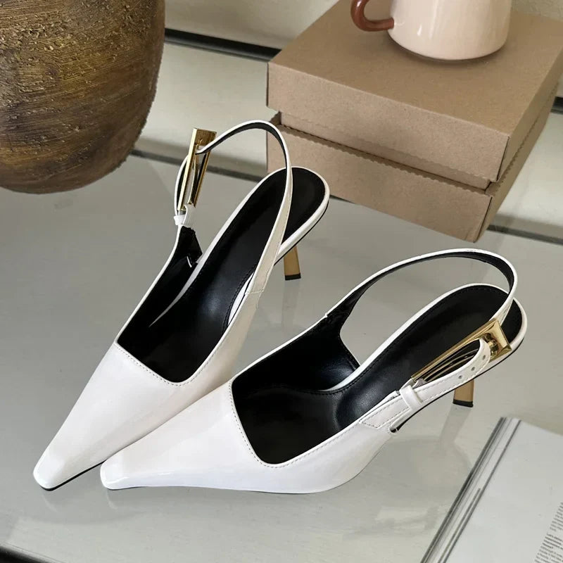 Evelyn Chic: Pointed Toe Metal Buckle Slingback High Heels