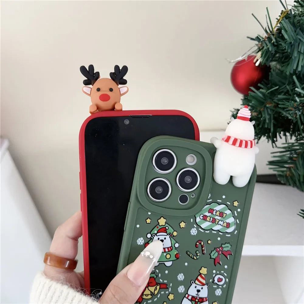 Funda navideña festiva de oso y reno 3D para iPhone - Funda de silicona suave