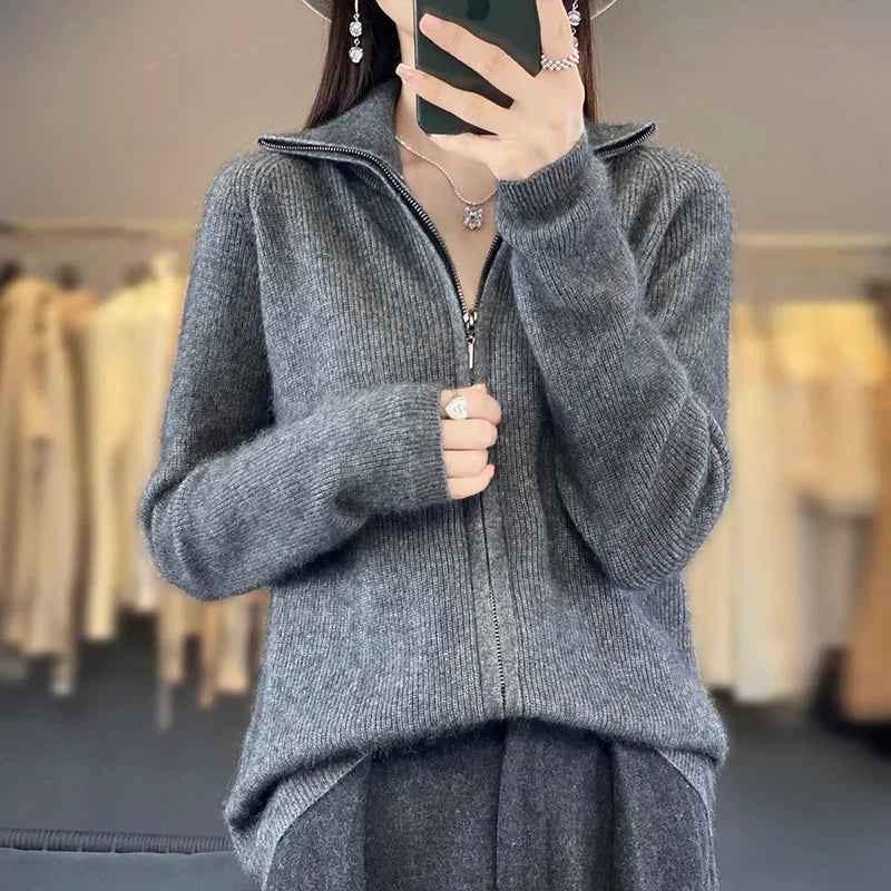 Cardigan com Zíper 100% Cashmere Elena – Sweater de Estilo Coreano de Corte Largo