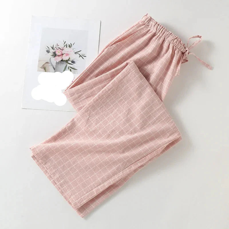 Japanese Checked Cotton Pajama Trousers for Women | Soft Casual Home Pants