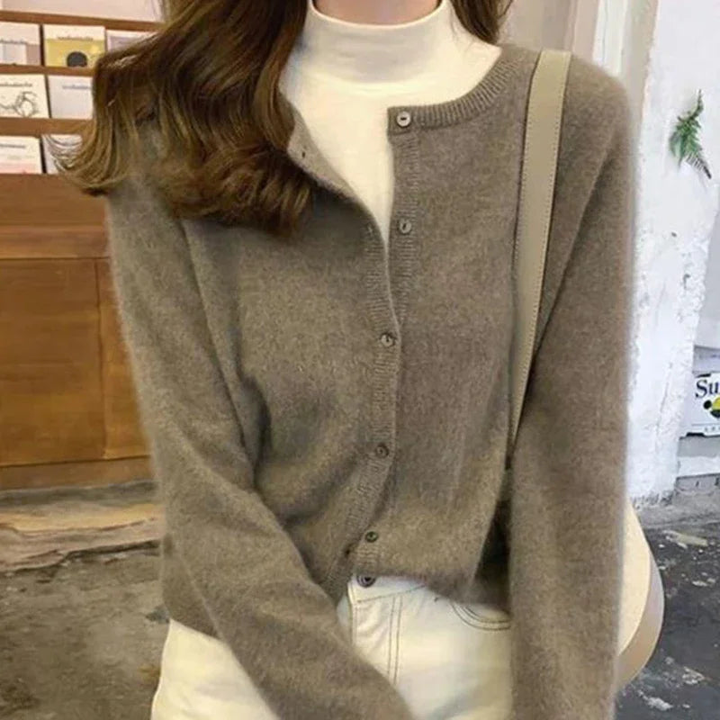 Fall Solid Color Knitted Cardigan - Women's Korean Single Breasted Sweater