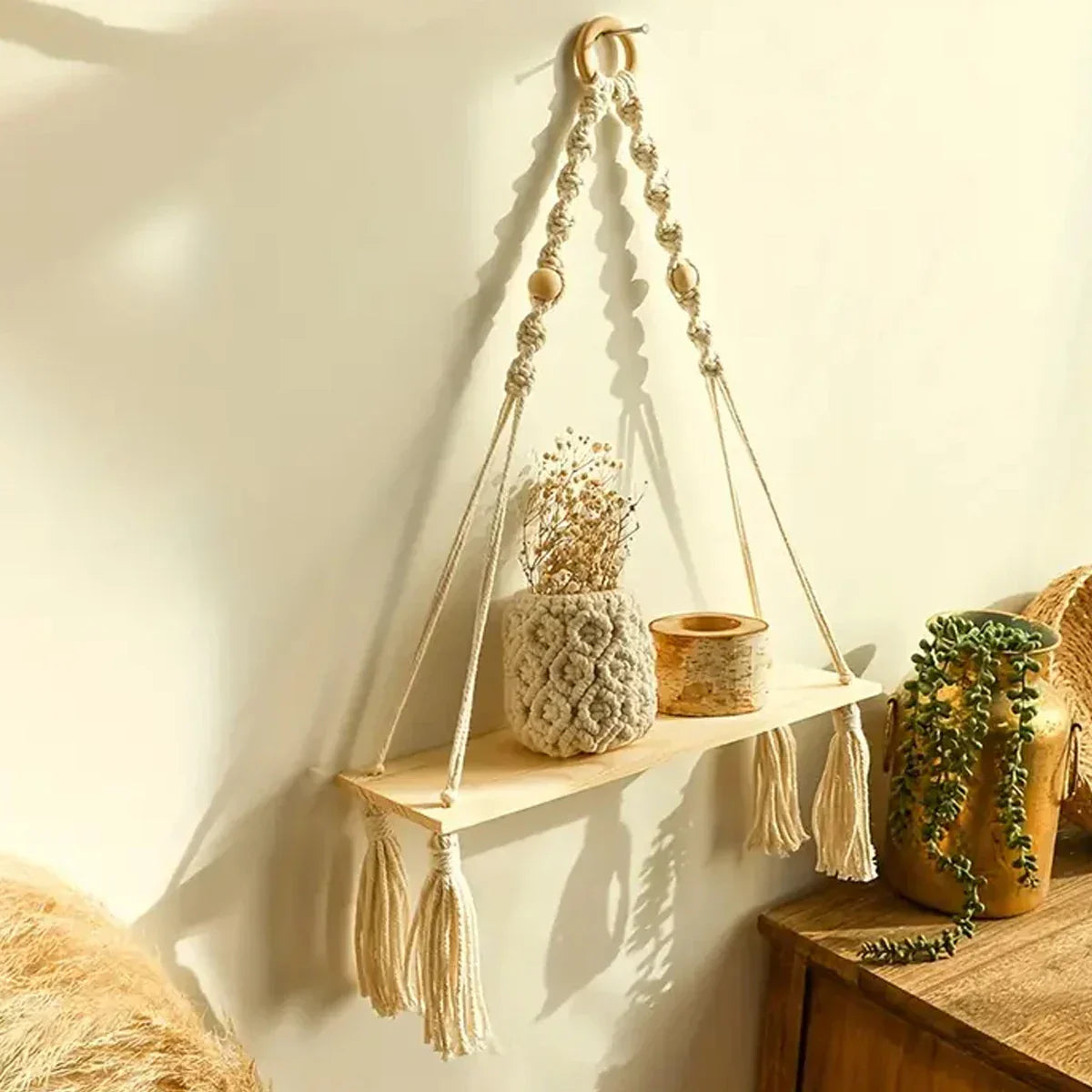 Étagère en macramé boho décor rustique