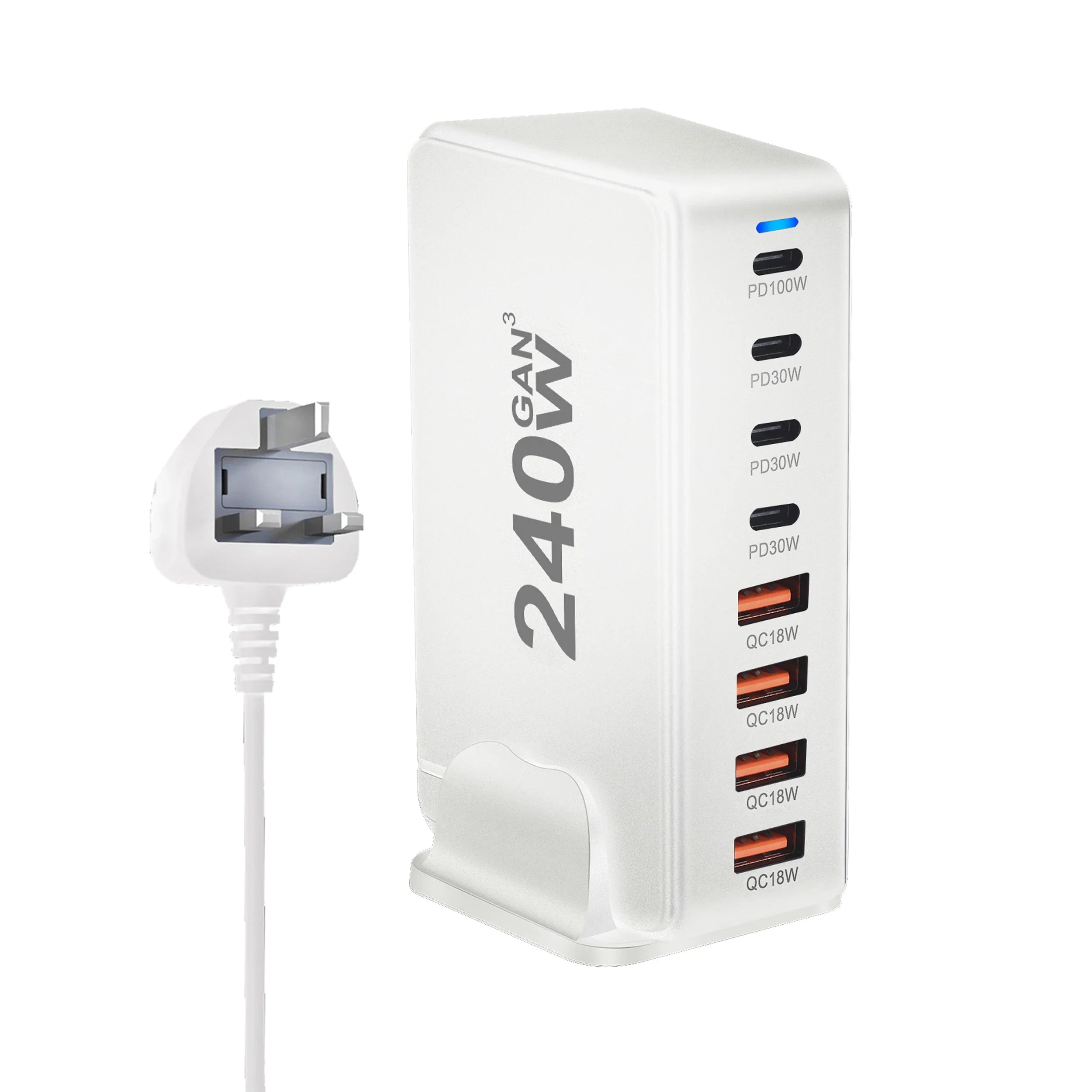 240 W pöytälaturi GaN - 8-porttinen USB Type C PD Quick Charge 3.0 pikalatausasema mobiililaitteille, kannettaville tietokoneille ja muille