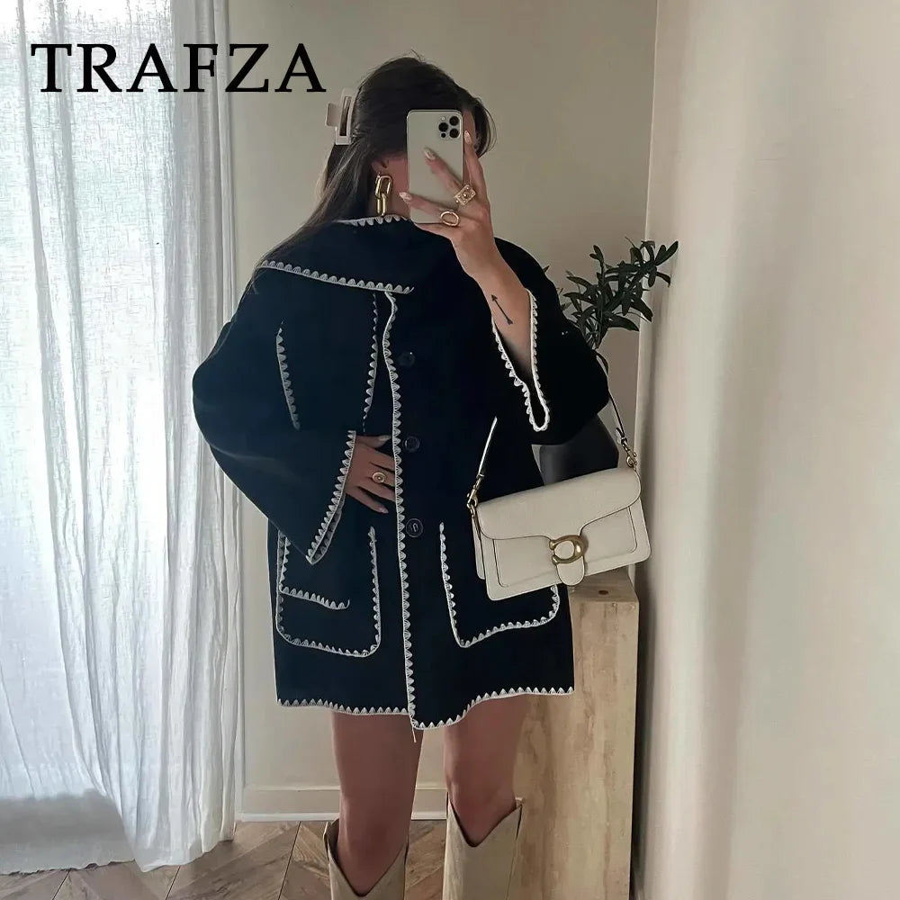 Casaco com Gola de Cachecol em Zigzag - Moda Casual Feminina de Outono e Inverno, Ajuste Laxo, Streetwear de Meia-Estação