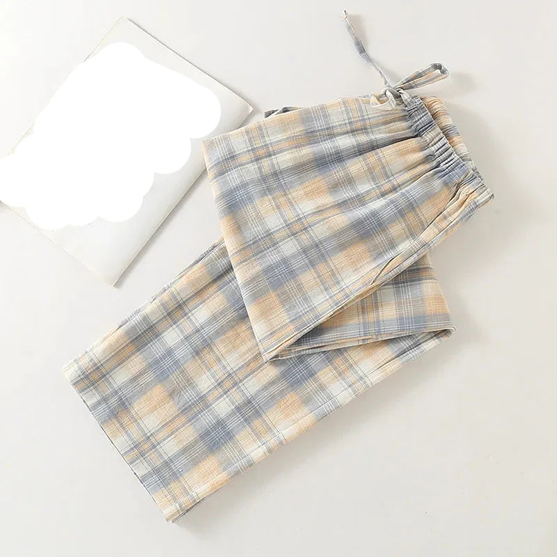 Japanese Checked Cotton Pajama Trousers for Women | Soft Casual Home Pants