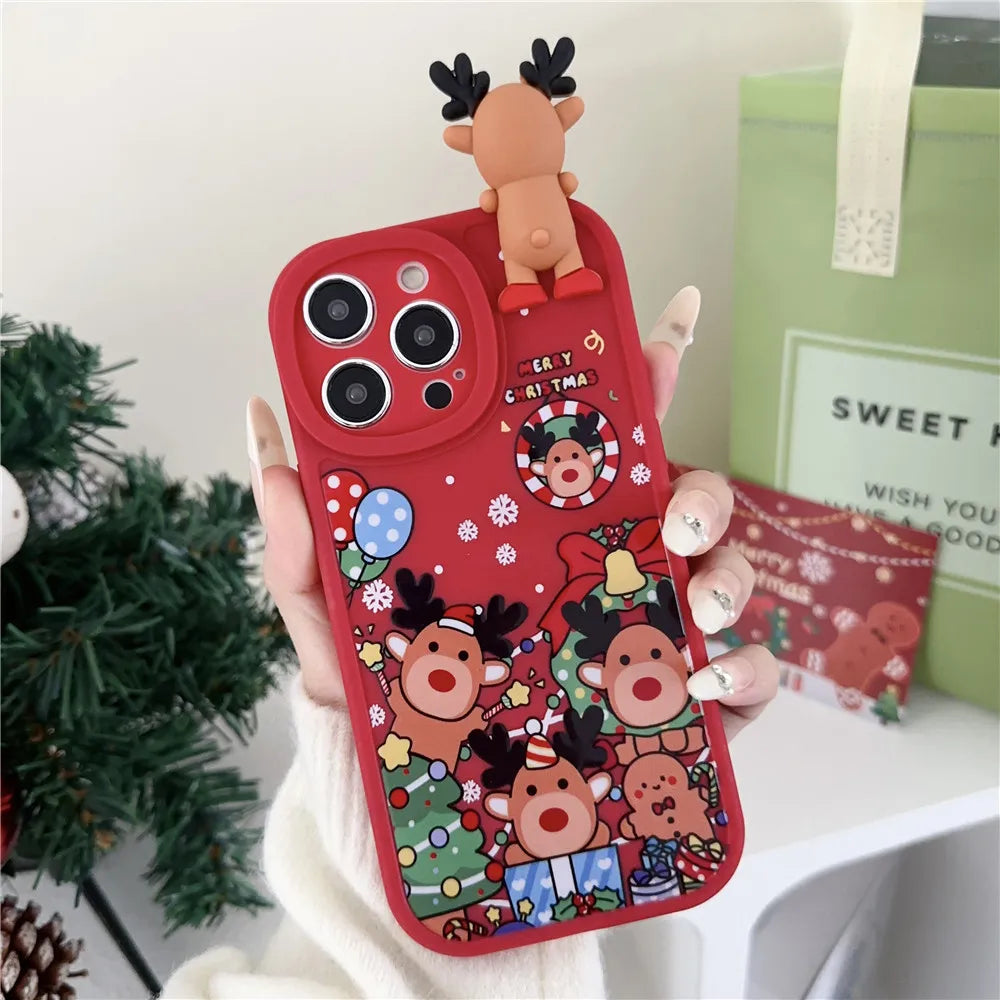 Funda navideña festiva de oso y reno 3D para iPhone - Funda de silicona suave