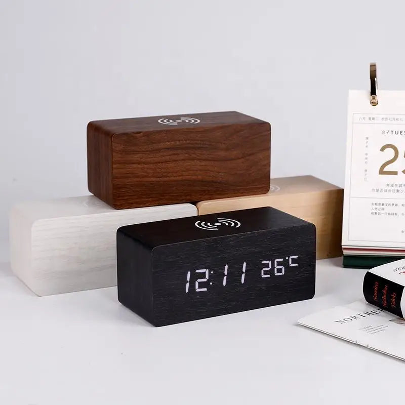 EcoTime – Reloj despertador LED de madera con indicador de temperatura