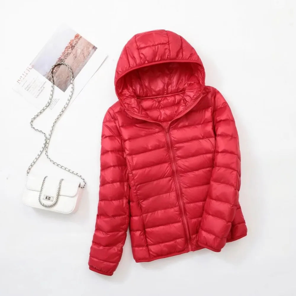 Slim Fit Hooded Down Jacket - Warm White Duck Down Coat for Women