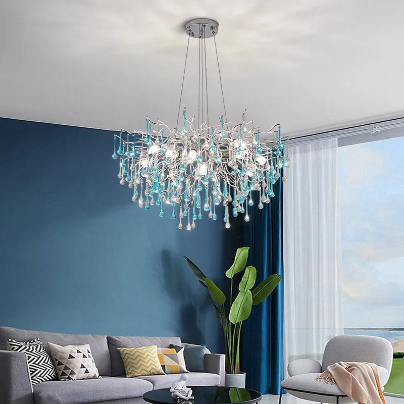 Chandelier en goutte d'eau bleue