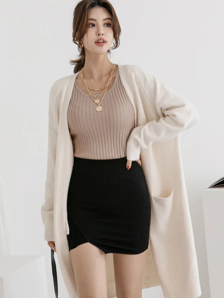 Cardigan V-Neck Confortável com Bolsos – Sweater de Malha Sólido para Mulheres