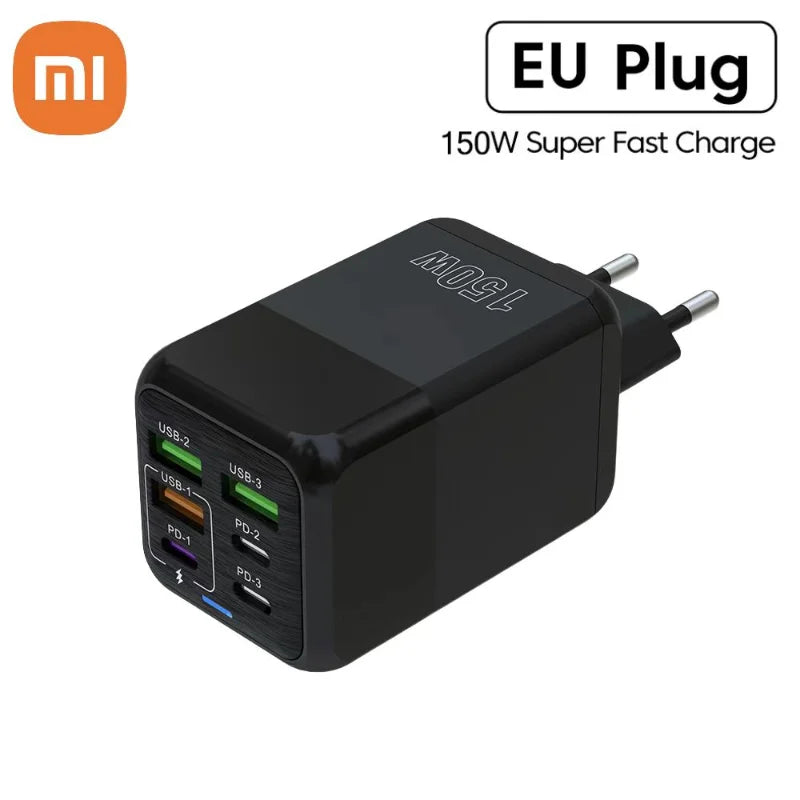 Xiaomi 150W Super Quick Charger Adapter – 6-Port PD Type C & QC 3.0 Fast Charging for iPhone, Samsung, PC, and More (10A Ultra High Speed)