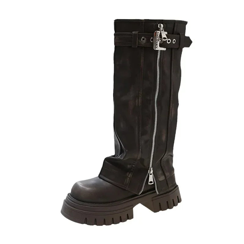 Amanda: Winter Women Biker Boots - Fashion Belt Buckle Platform Knee High Booties