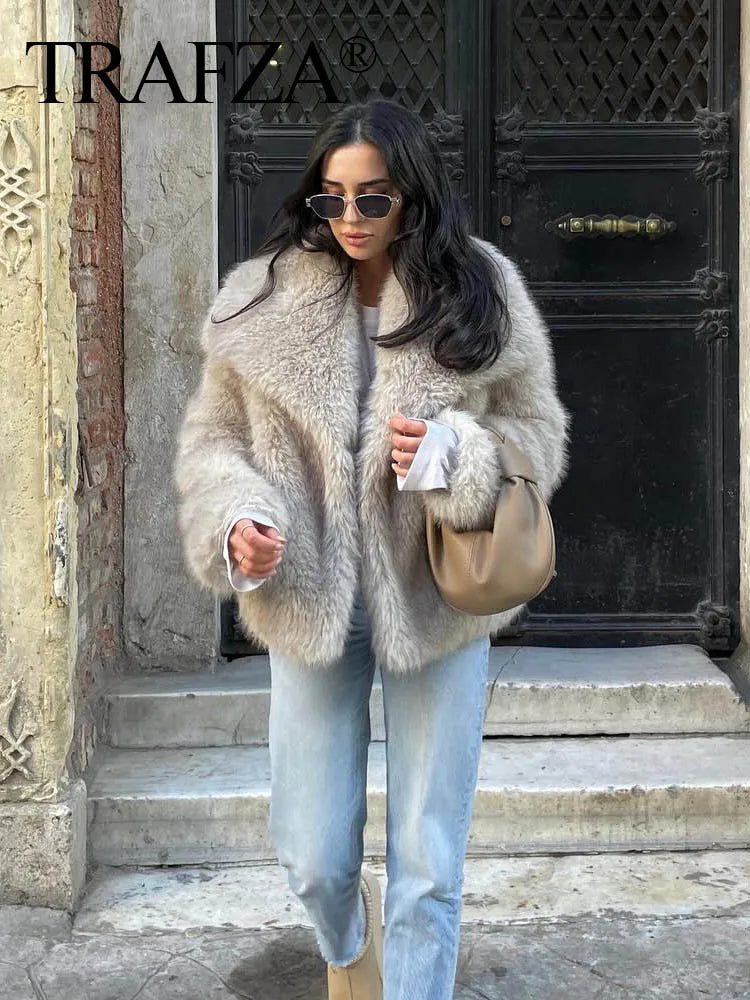 Chaqueta recortada de piel sintética - Chaqueta elegante de manga larga con cuello de solapa para Mujer