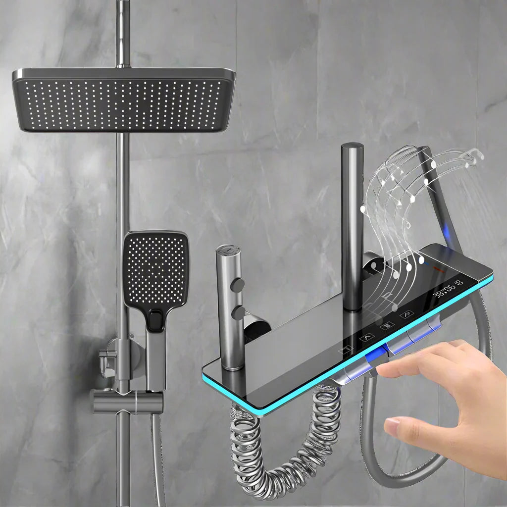 Juego de Ducha Elegante Sara Grey – Mezclador Digital LED con Sistema de Bañera Montado en la Pared