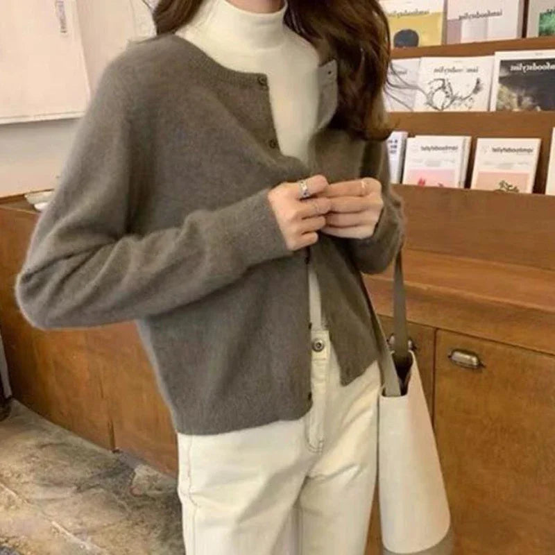 Fall Solid Color Knitted Cardigan - Women's Korean Single Breasted Sweater