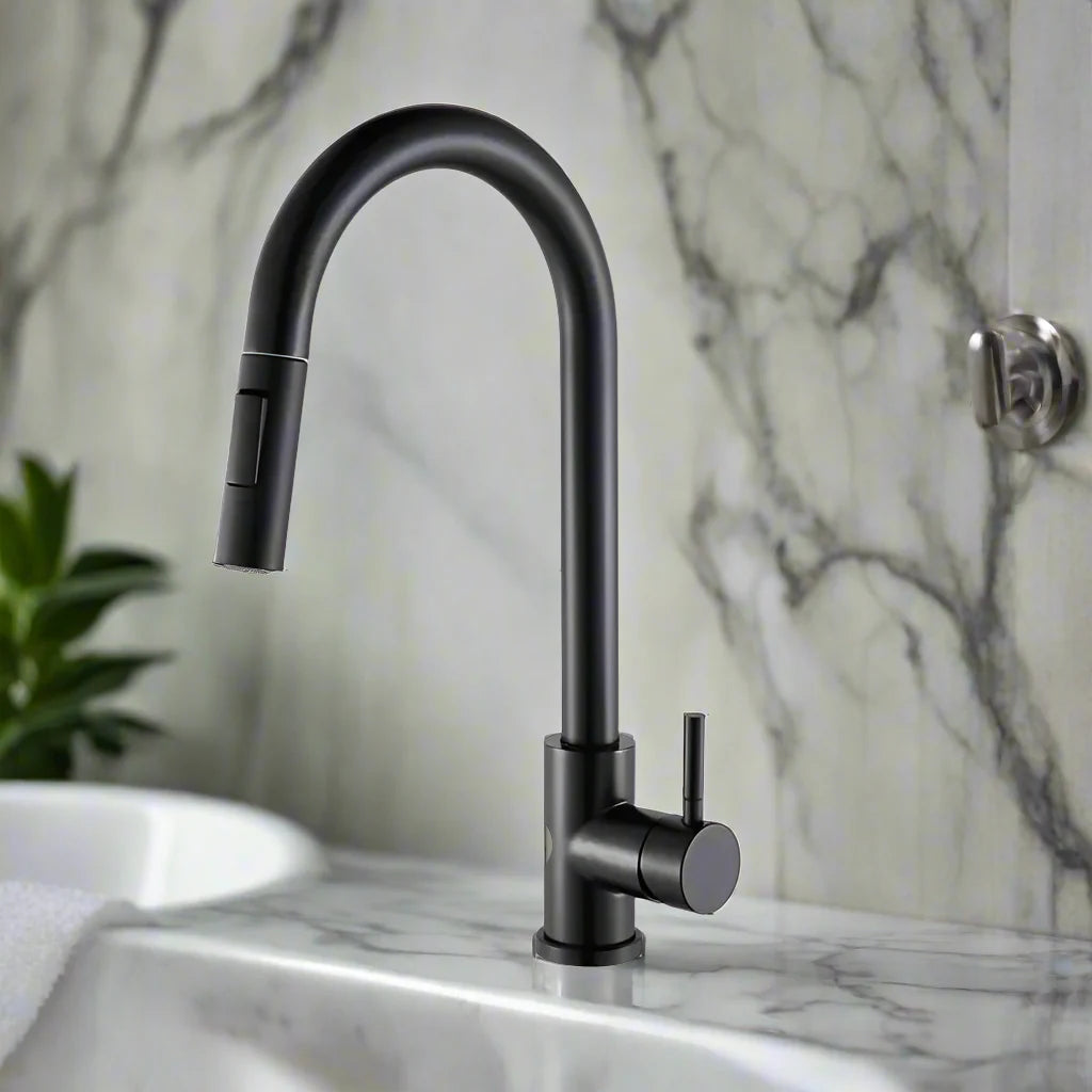 Sleek Black Kitchen Faucet: Flexible Pull-Out Nozzle with Dual Modes