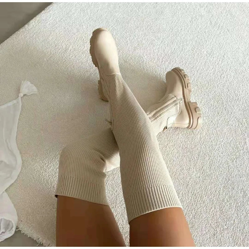 Botas Grossas de Inverno de Sola Espessa da Betty - Meia Coxa em Malha Respirável