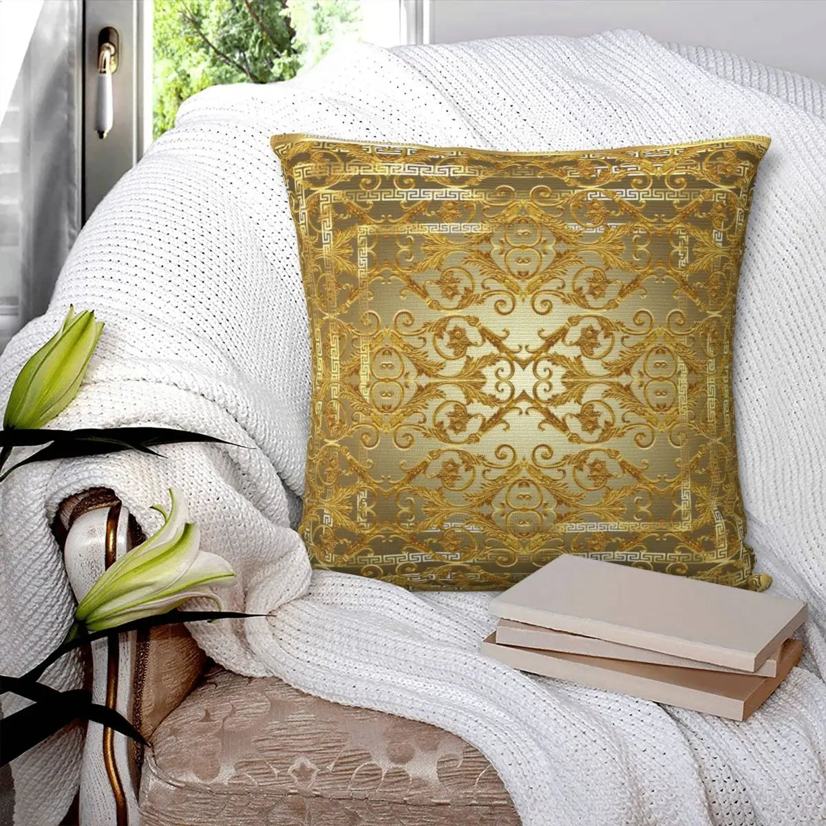 Greek Keys Golden Baroque Style Square Cushion Cover