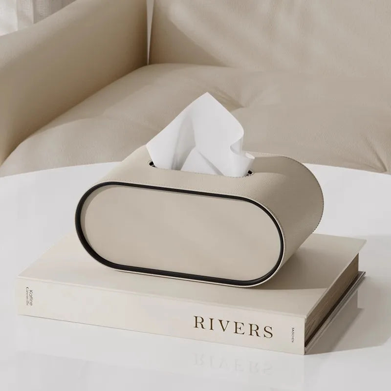 Winnie Luxe Oval Leather Tissue Box – Elegant Napkin Storage for Home & Office