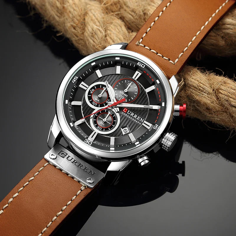 8291 Leren sporthorloge voor heren - Chronograaf quartz polshorloge in militaire stijl