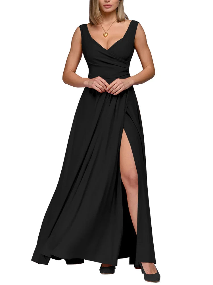 Sara Elegant Spring Summer Dress 2024 | Sexy Deep V Neck Sleeveless Slit Maxi