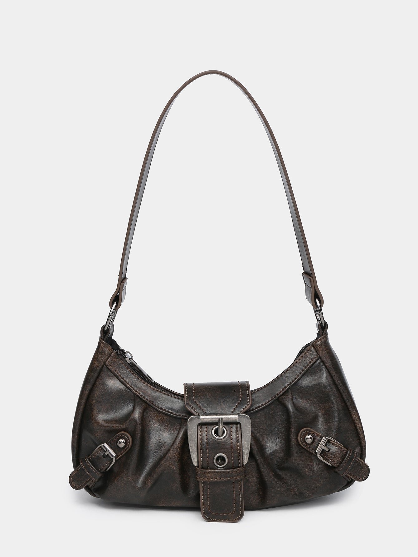 Cora Distressed Faux-Leather Buckle Hobo Bag