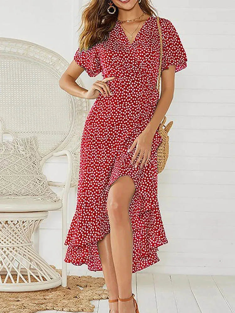 Sara Summer Boho Blomster Maxi Kjole – V-Hals Volang Splitt Kjole