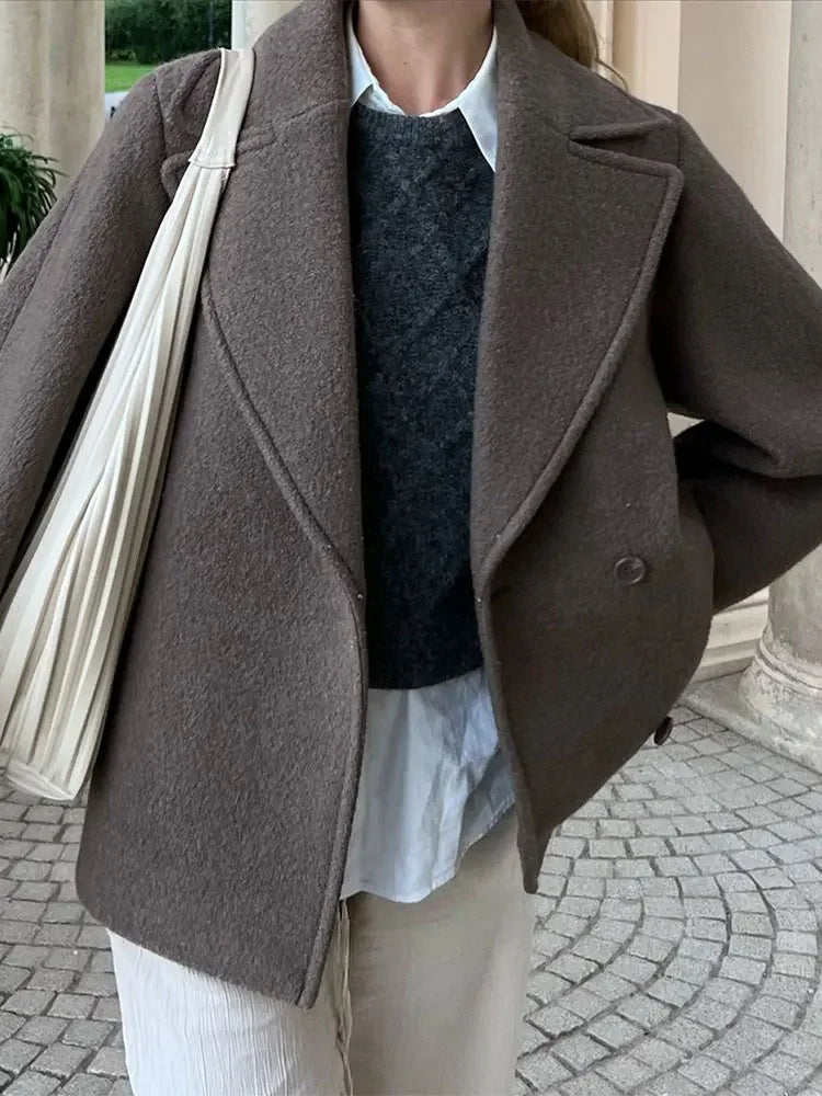 Casaco de Lã Duplo em Mulher - Blazer Curto Chic para Outono e Inverno