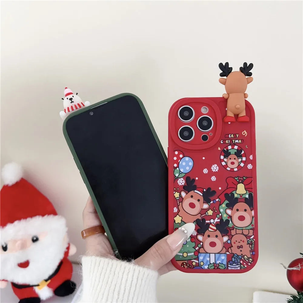 Festligt 3D Bear & Rendeer Julfodral för iPhone – Mjukt silikonskydd