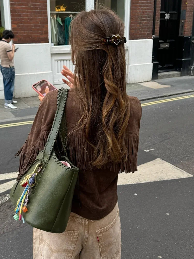 Dahlia Jacket - Vintage Brown Suede Leather Jacket with Tassels for Autumn