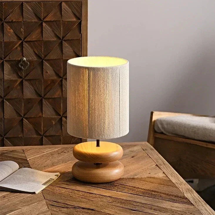 Lampe de table de chevet - Bois de noyer - Abat-jour en tissu