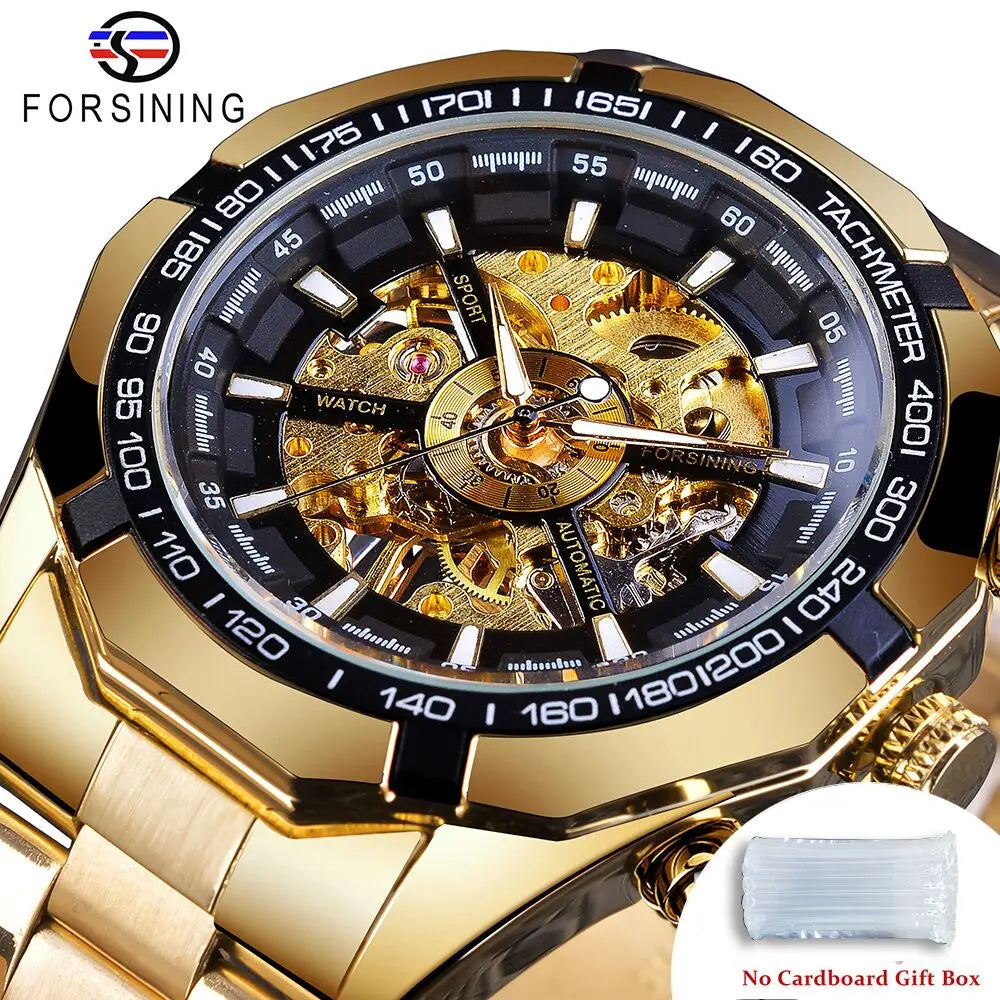 Stainless Steel Waterproof Men's Skeleton Watches -  Transparent Mechanical Sport Male Wrist Watches