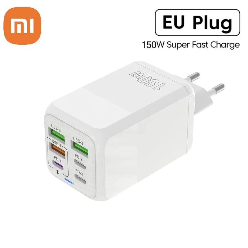 Xiaomi 150W Super Quick Charger Adapter – 6-Port PD Type C & QC 3.0 Fast Charging for iPhone, Samsung, PC, and More (10A Ultra High Speed)