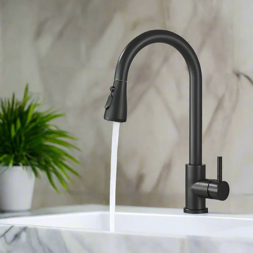 Sleek Black Kitchen Faucet: Flexible Pull-Out Nozzle with Dual Modes