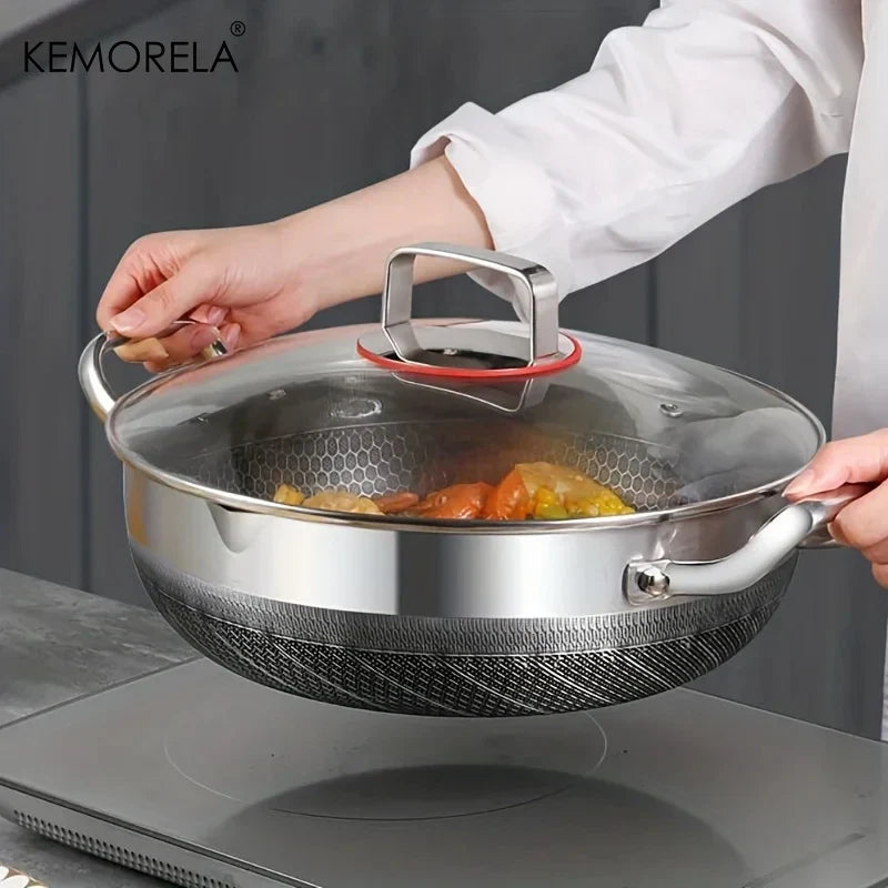 Stainless Steel Non-Stick Frying Pan & Soup Pot with Honeycomb Bottom – 26/28/30CM, Glass Lid, Induction & Gas Compatible