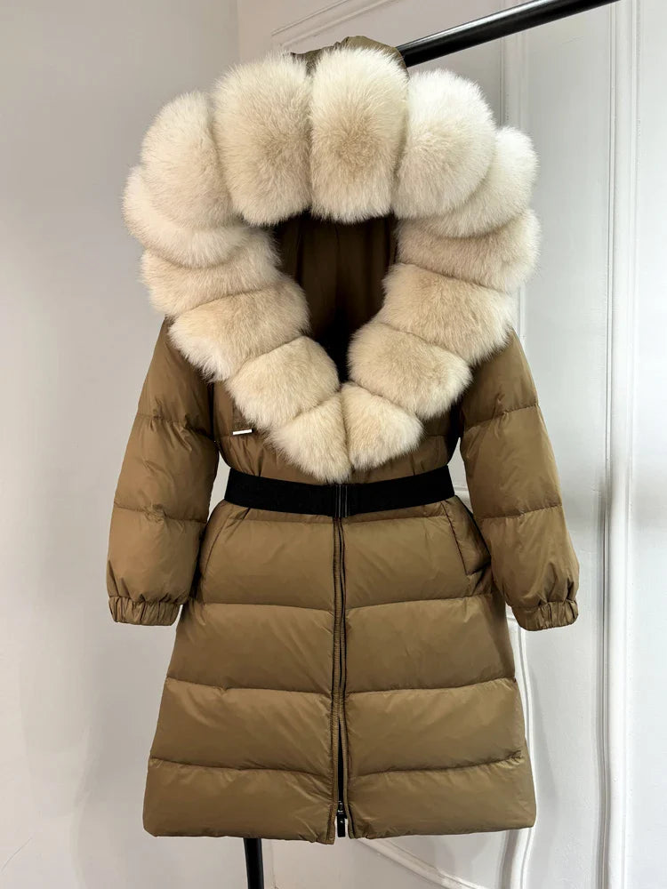 Ivy Casaco Longo de Inverno para Mulheres – 90% Penas de Pato Branco, Gola de Pele de Raposa, Casaco de Luxo de Inverno