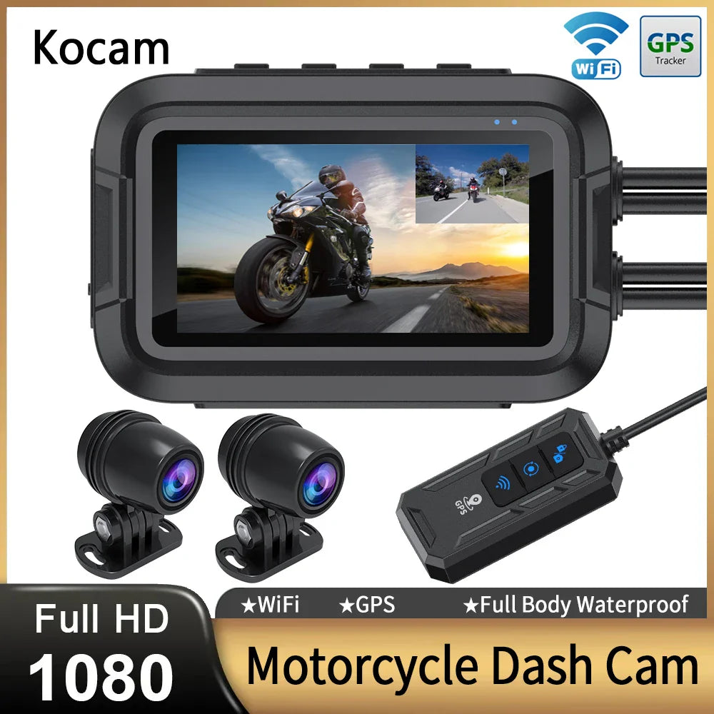 מכשיר הקלטה לאופנוע עם מצלמת רכב כפולה 1080P – HD מלא, WiFi, GPS, DVR עמיד במים, תצוגת IPS בגודל 3 אינצ'ים, חיישן G, מקליט וידאו קדמי ואחורי, קופסה שחורה IP66