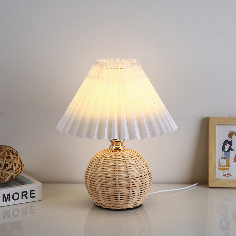 Contemporary Nordic Rattan Weave Table Lamp with Pleated Cone Shade, LED, for Bedroom