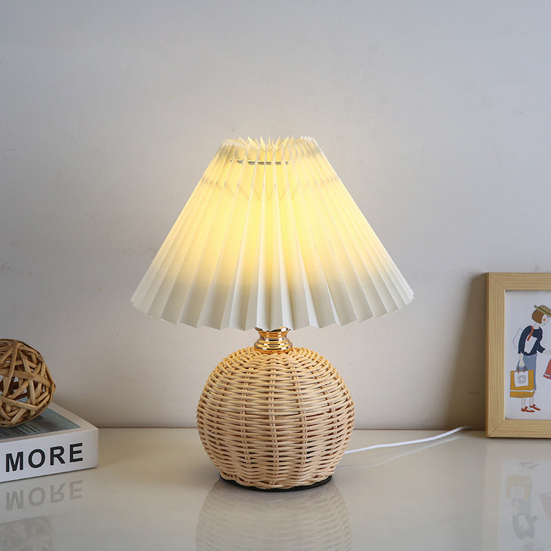 Contemporary Nordic Rattan Weave Table Lamp with Pleated Cone Shade, LED, for Bedroom