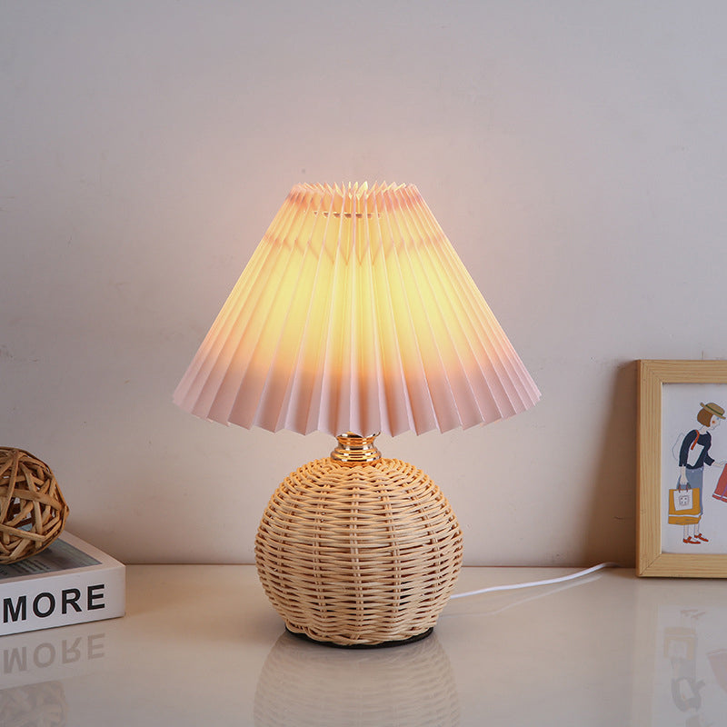 Contemporary Nordic Rattan Weave Table Lamp with Pleated Cone Shade, LED, for Bedroom