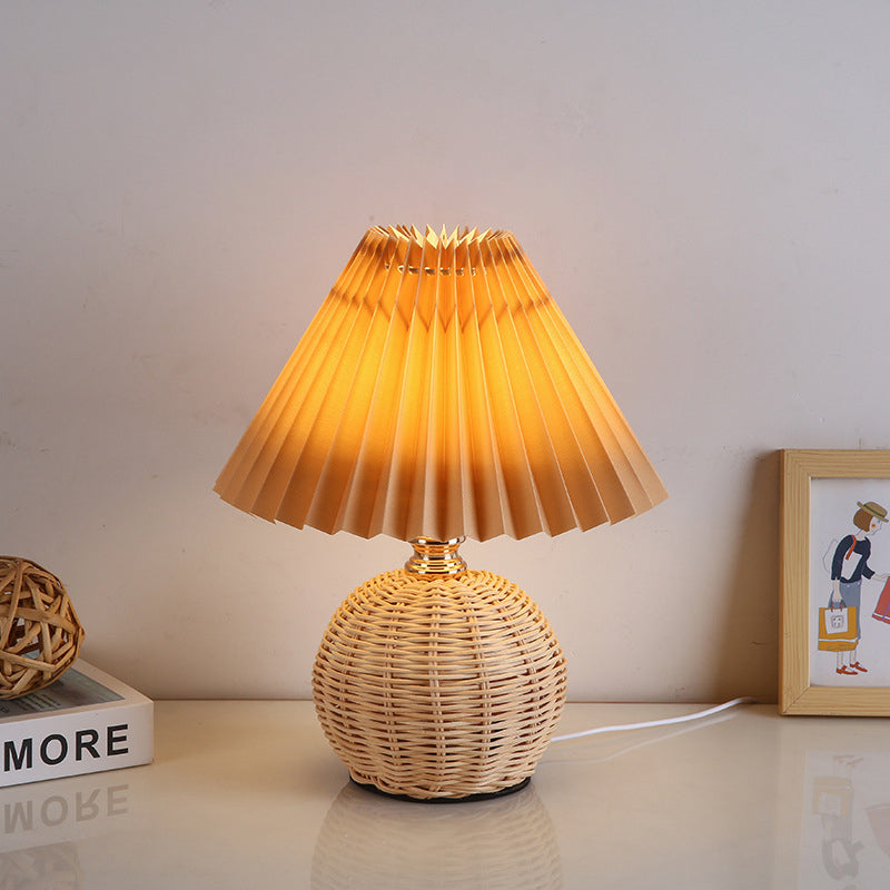 Contemporary Nordic Rattan Weave Table Lamp with Pleated Cone Shade, LED, for Bedroom