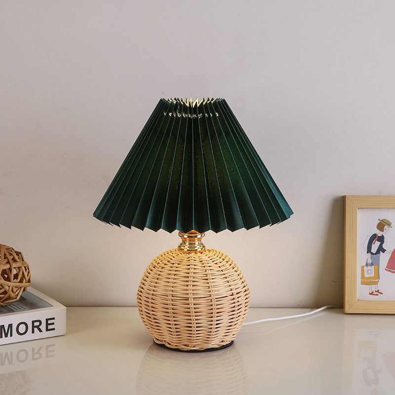 Contemporary Nordic Rattan Weave Table Lamp with Pleated Cone Shade, LED, for Bedroom