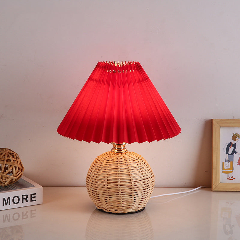 Contemporary Nordic Rattan Weave Table Lamp with Pleated Cone Shade, LED, for Bedroom