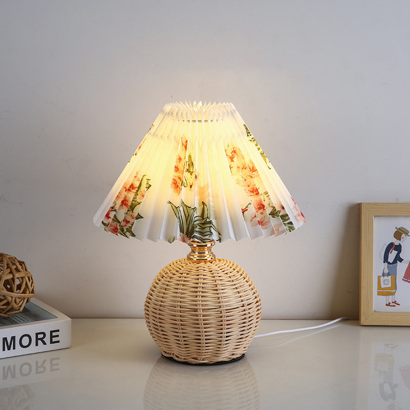 Contemporary Nordic Rattan Weave Table Lamp with Pleated Cone Shade, LED, for Bedroom