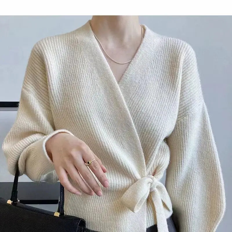 Pateekate Cardigan en tricot à col en V avec nœud papillon – Manteau court taille haute pour femme