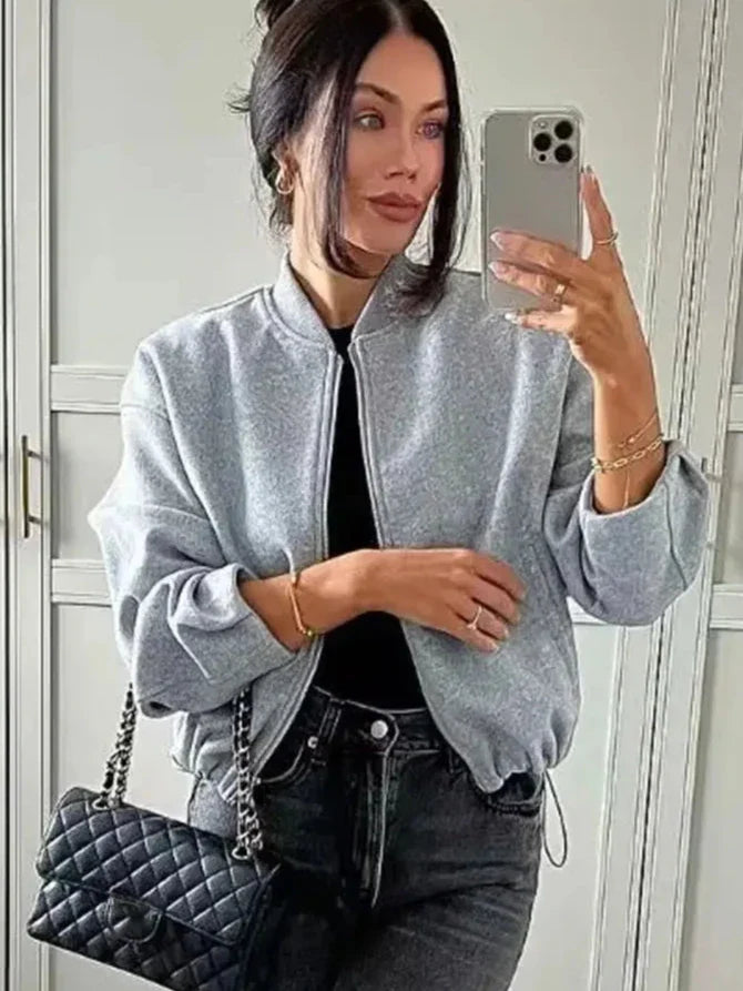 Bella Autumn Dámská Bomber Bunda – Casual Jednobarevný Stojáčkový Kabát