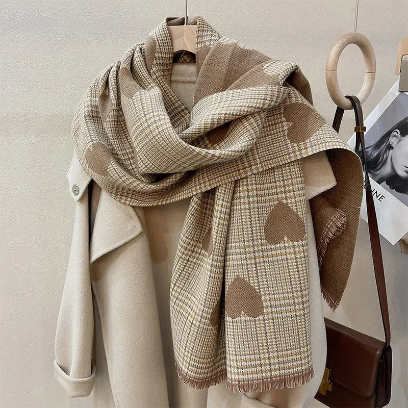 Winter’s Embrace: Double-Sided Cashmere Scarf for Women - Heartfelt Plaid Design