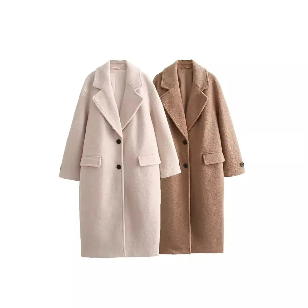 Notched Woolen Coat/Jacket - Single-Breasted for Autumn Winter