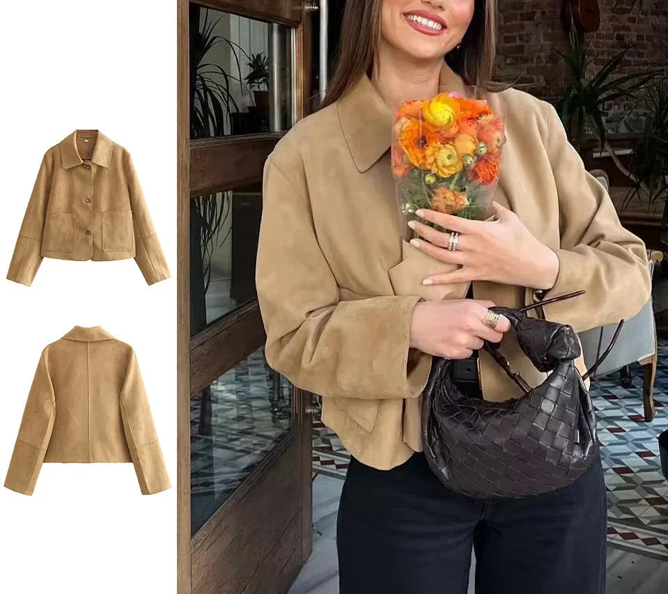 Emilia's Elegance: Casual Solid Suede Jacket Coat