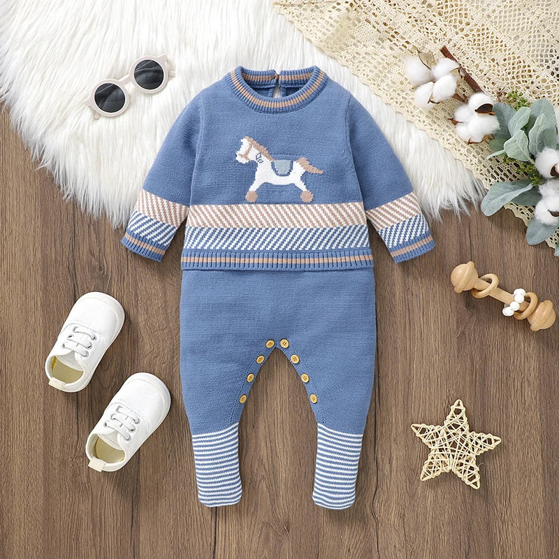 CozyBaby Blue Knit Romper - Långärmad Newborn Jumpsuit för pojkar och flickor